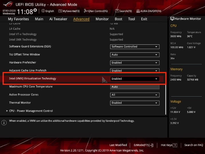 Intel Virtualization in Bios