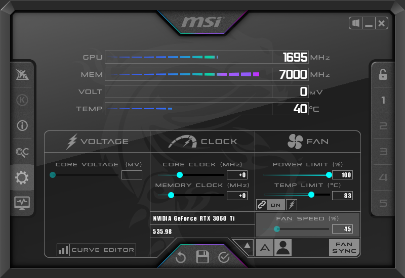 MSI Afterburner gear icon properties